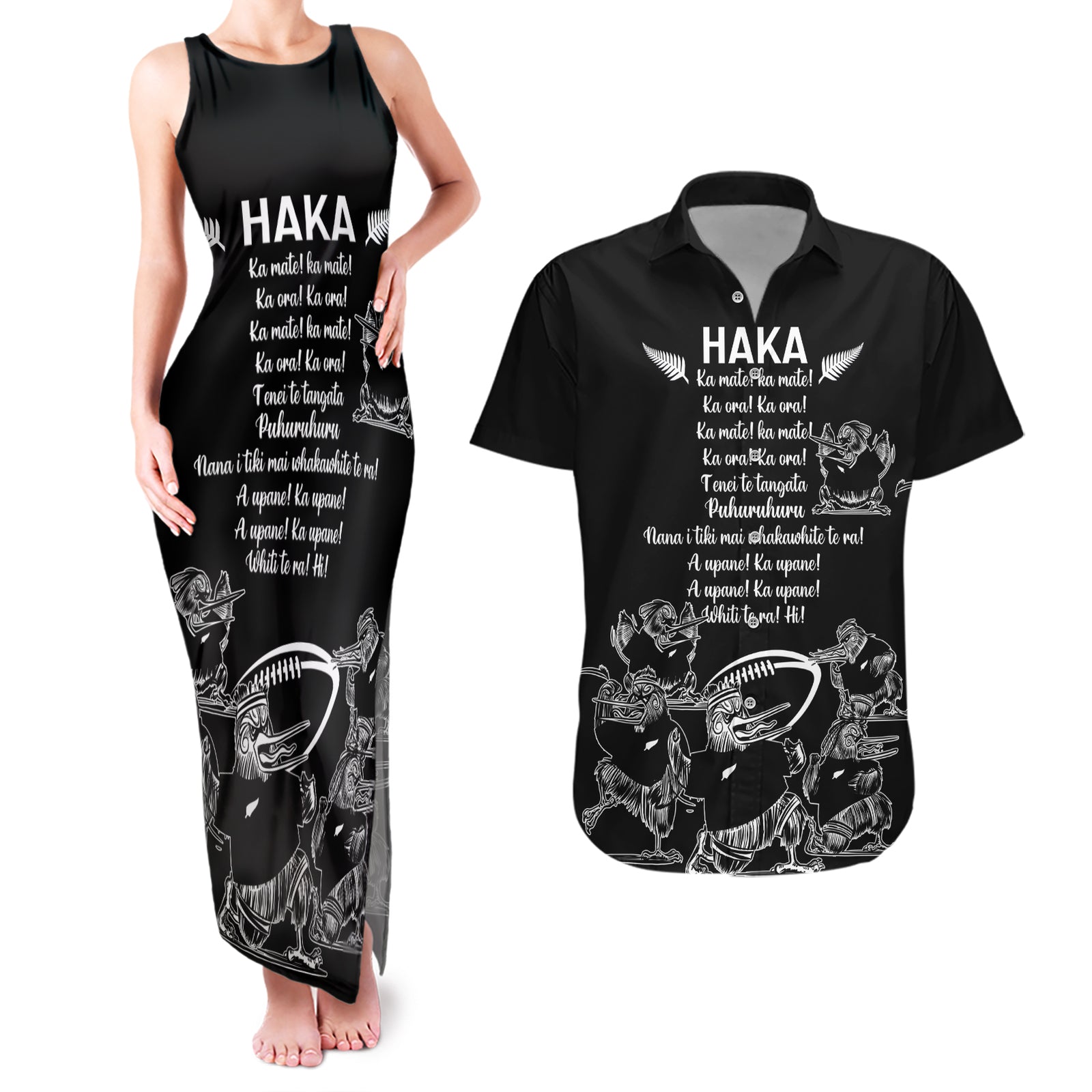 New Zealand Silver Fern Rugby Couples Matching Tank Maxi Dress and Hawaiian Shirt Haka Aotearoa Kiwi Dance LT14 Black - Polynesian Pride