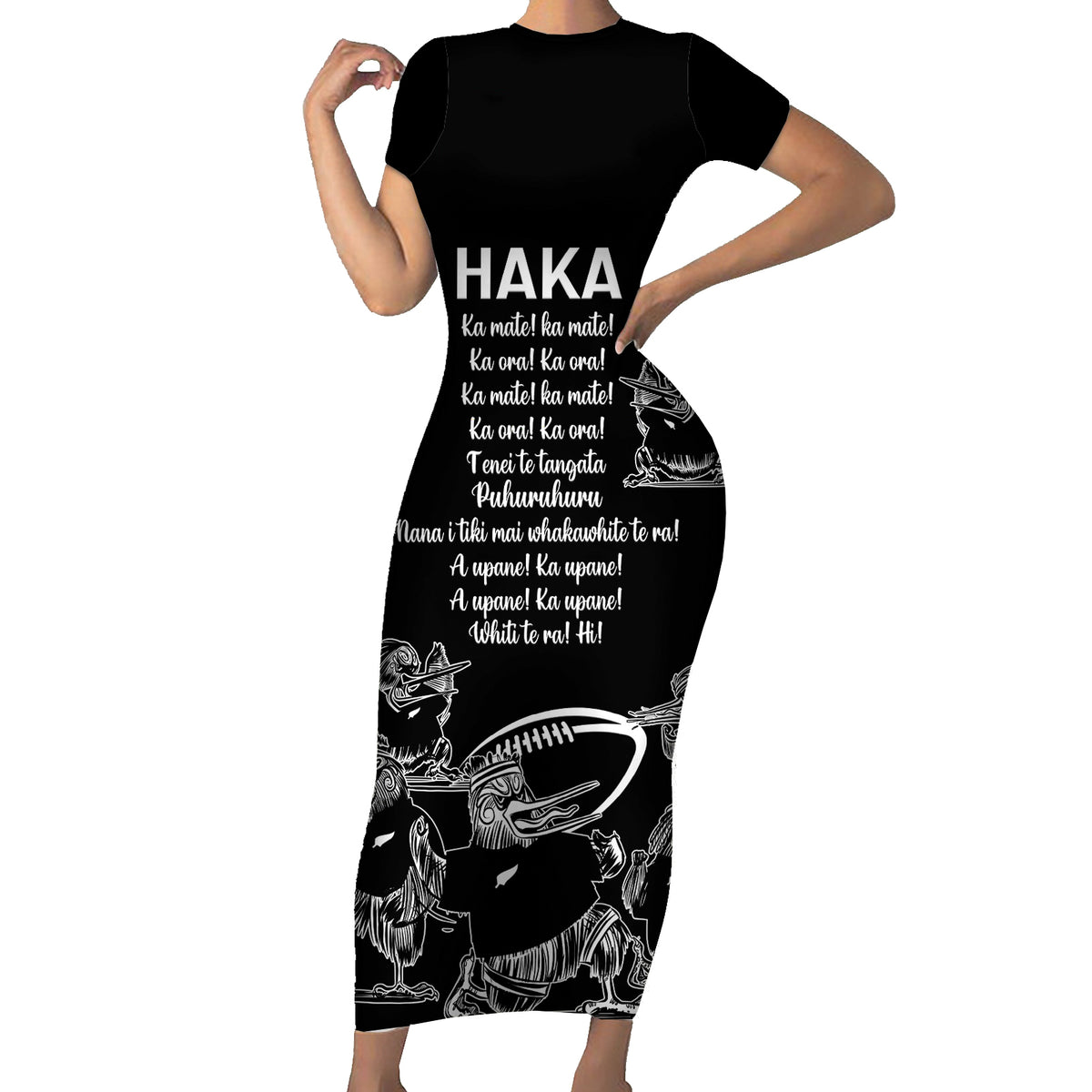 New Zealand Silver Fern Rugby Family Matching Short Sleeve Bodycon Dress and Hawaiian Shirt Haka Aotearoa Kiwi Dance LT14 Mom's Dress Black - Polynesian Pride
