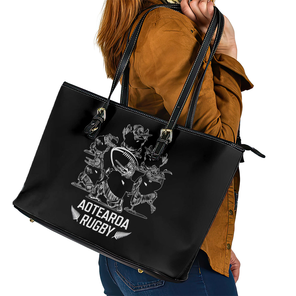 New Zealand Silver Fern Rugby Leather Tote Bag Haka Aotearoa Kiwi Dance LT14 - Polynesian Pride