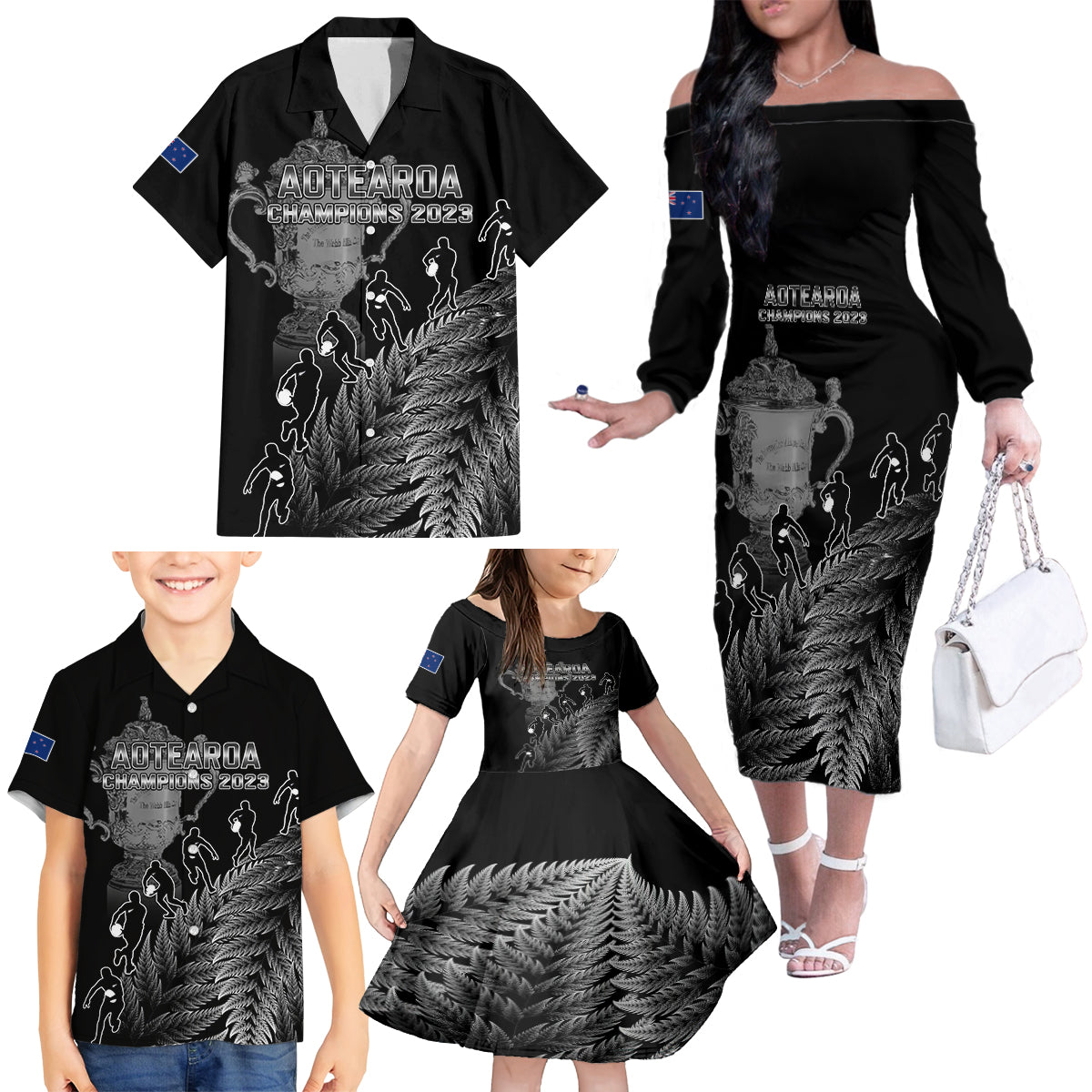 Custom New Zealand Silver Fern Rugby Family Matching Off Shoulder Long Sleeve Dress and Hawaiian Shirt All Black Go Champions 2023 With Trophy Proud LT14 - Polynesian Pride