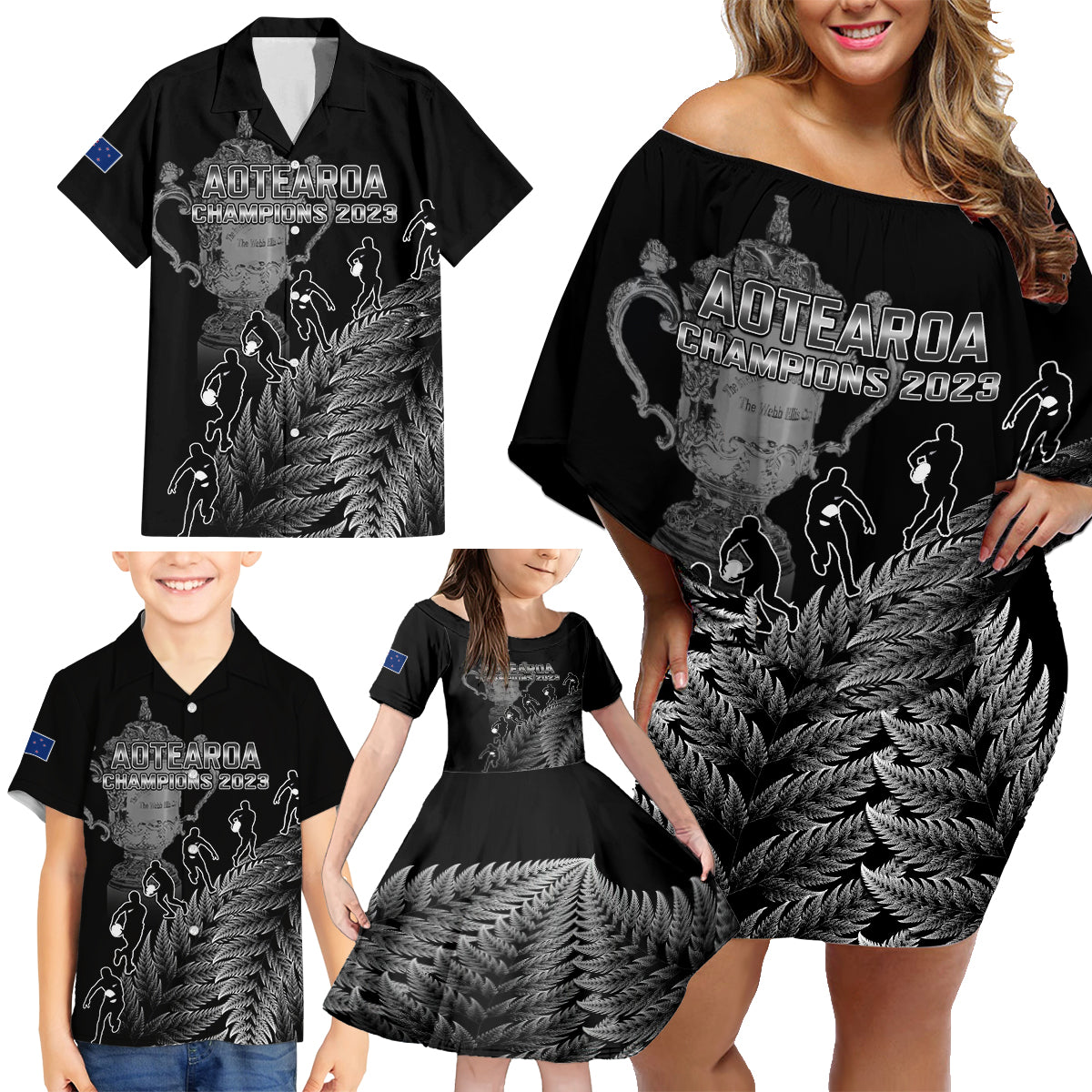 Custom New Zealand Silver Fern Rugby Family Matching Off Shoulder Short Dress and Hawaiian Shirt All Black Go Champions 2023 With Trophy Proud LT14 - Polynesian Pride