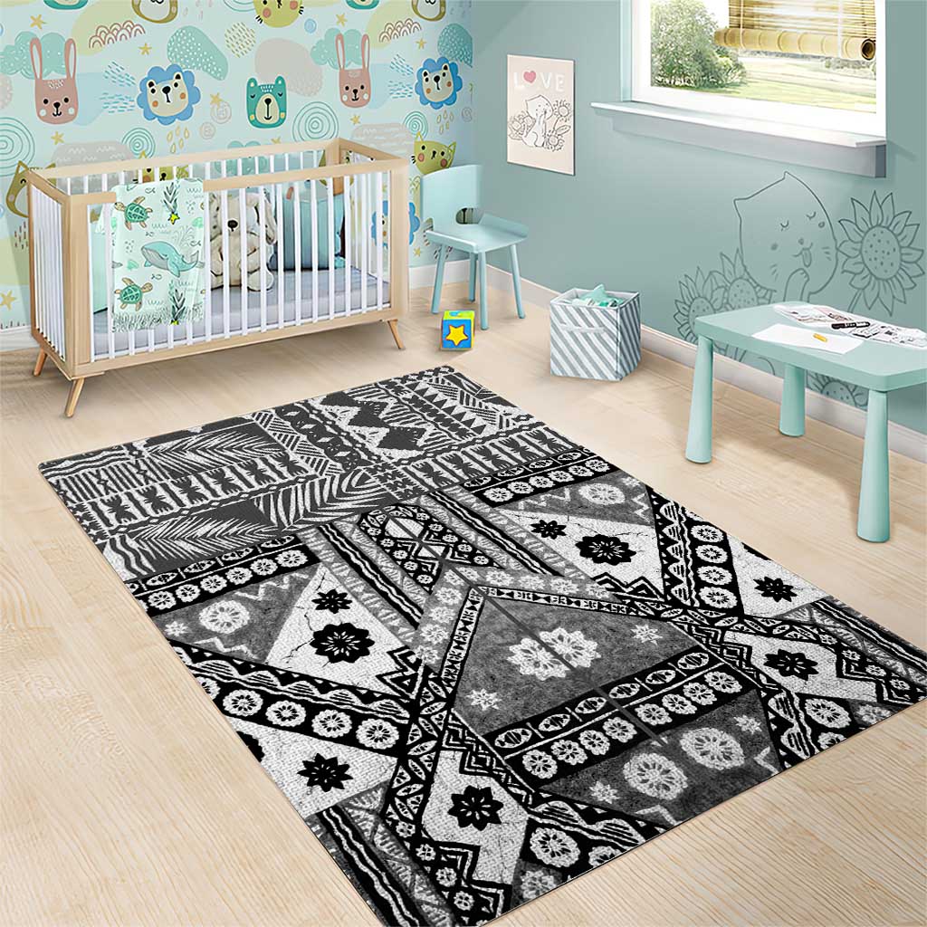 Black Bula Fiji Area Rug Unique Masi Tapa Pattern
