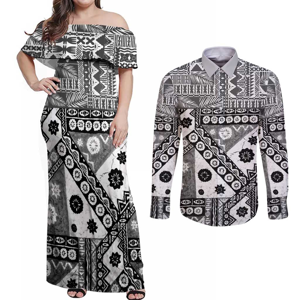 Black Bula Fiji Couples Matching Off Shoulder Maxi Dress and Long Sleeve Button Shirt Unique Masi Tapa Pattern