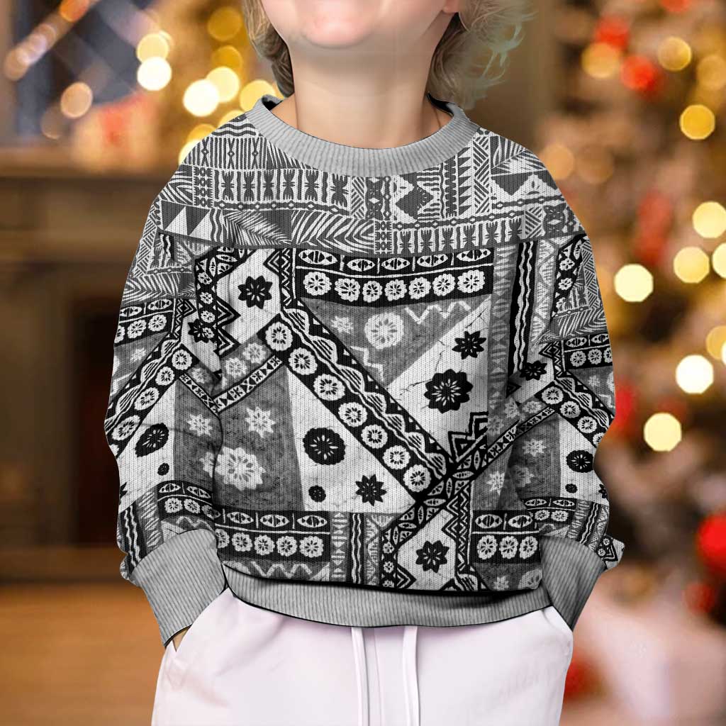 Black Bula Fiji Kid Ugly Christmas Sweater Unique Masi Tapa Pattern