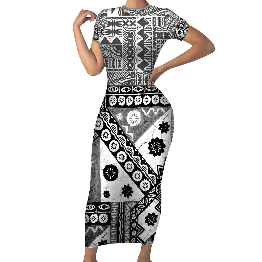 Black Bula Fiji Short Sleeve Bodycon Dress Unique Masi Tapa Pattern