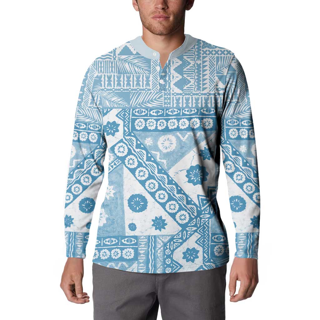 Blue Bula Fiji Button Sweatshirt Unique Masi Tapa Pattern