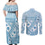 Blue Bula Fiji Couples Matching Off Shoulder Maxi Dress and Long Sleeve Button Shirt Unique Masi Tapa Pattern