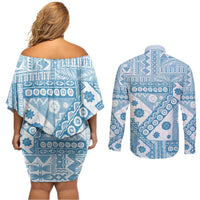 Blue Bula Fiji Couples Matching Off Shoulder Short Dress and Long Sleeve Button Shirt Unique Masi Tapa Pattern