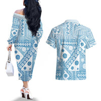 Blue Bula Fiji Couples Matching Off The Shoulder Long Sleeve Dress and Hawaiian Shirt Unique Masi Tapa Pattern