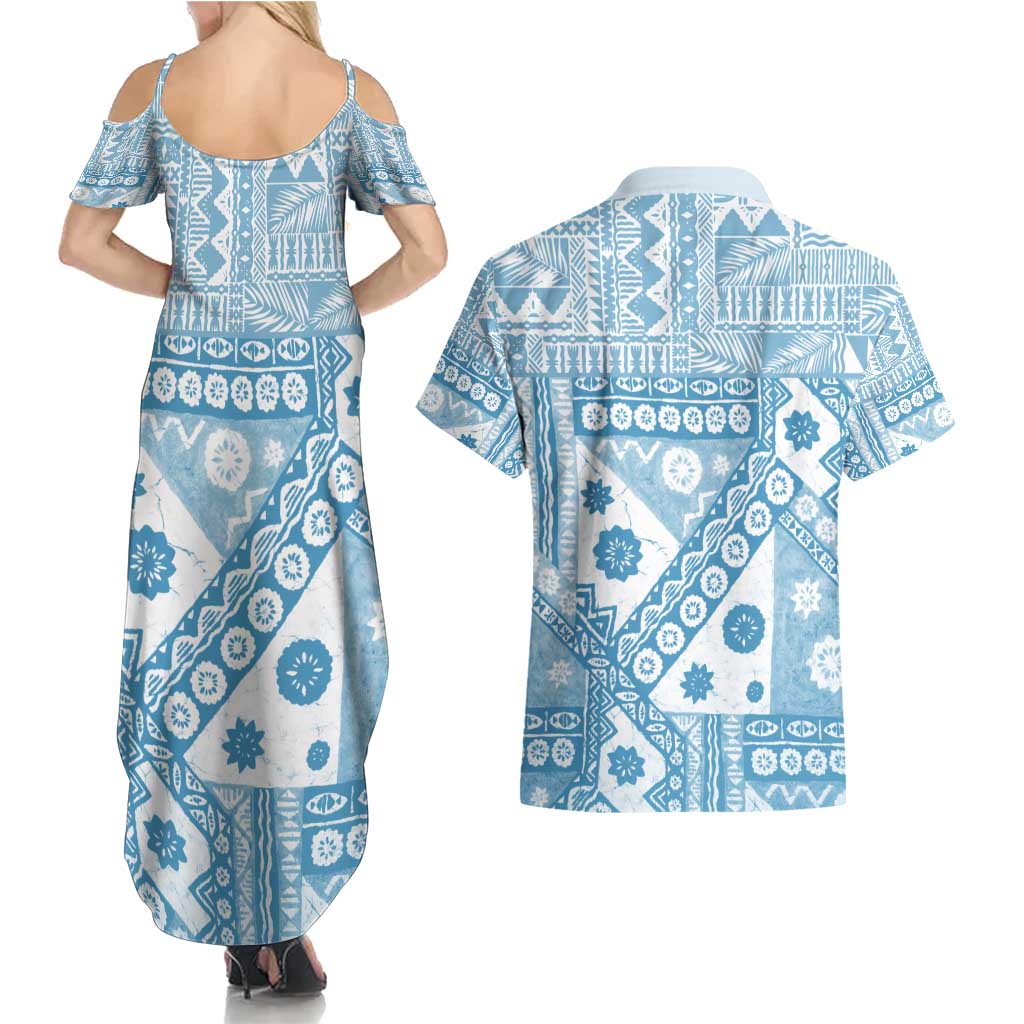 Blue Bula Fiji Couples Matching Summer Maxi Dress and Hawaiian Shirt Unique Masi Tapa Pattern