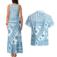 Blue Bula Fiji Couples Matching Tank Maxi Dress and Hawaiian Shirt Unique Masi Tapa Pattern