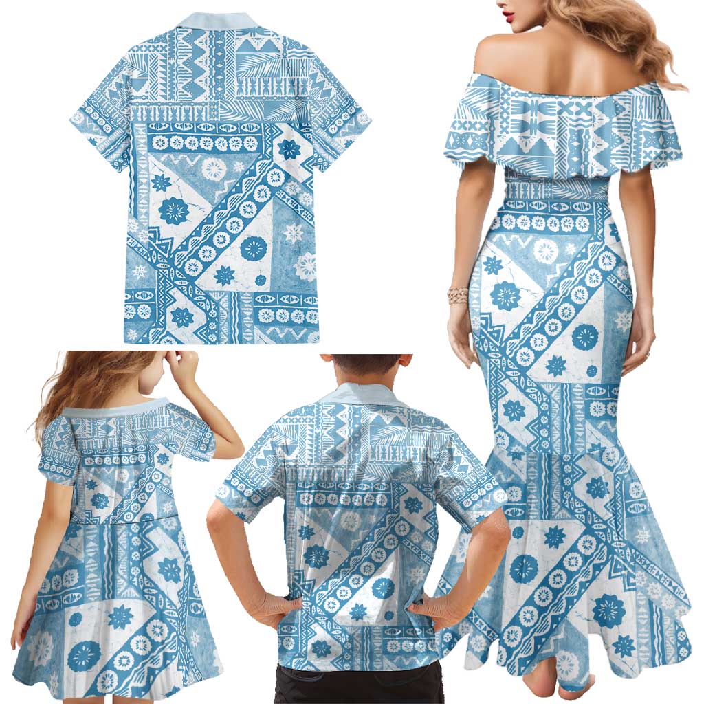 Blue Bula Fiji Family Matching Mermaid Dress and Hawaiian Shirt Unique Masi Tapa Pattern