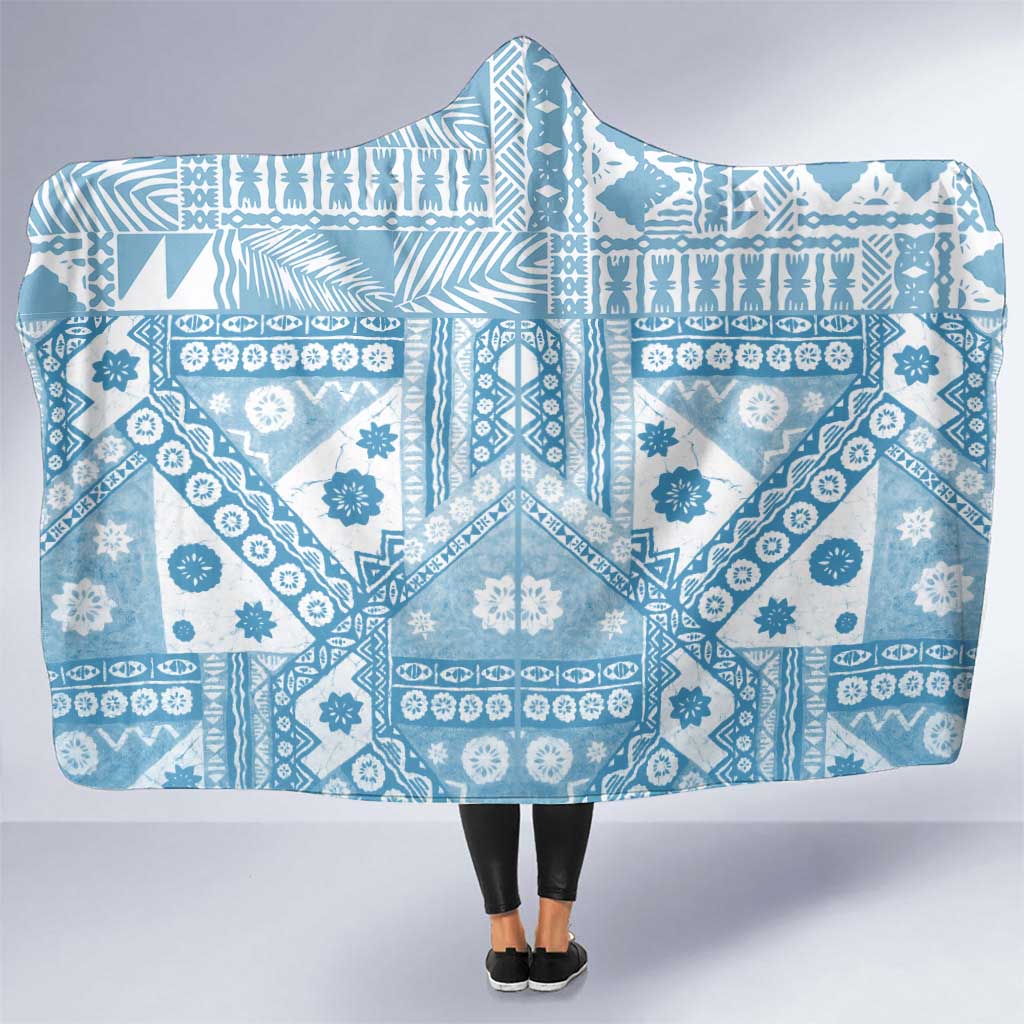 Blue Bula Fiji Hooded Blanket Unique Masi Tapa Pattern