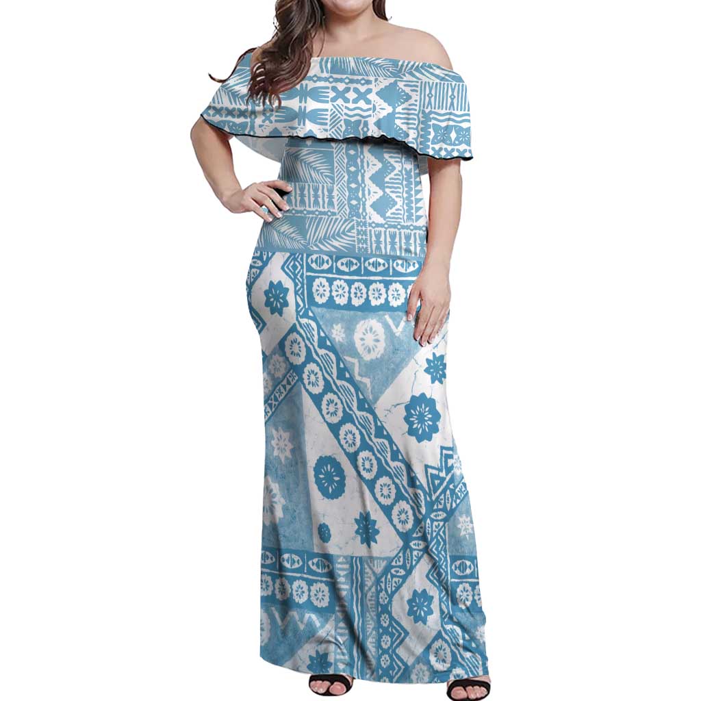 Blue Bula Fiji Off Shoulder Maxi Dress Unique Masi Tapa Pattern