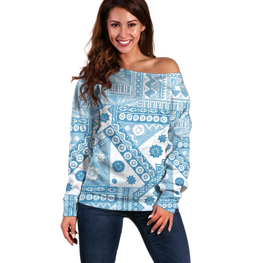 Blue Bula Fiji Off Shoulder Sweater Unique Masi Tapa Pattern