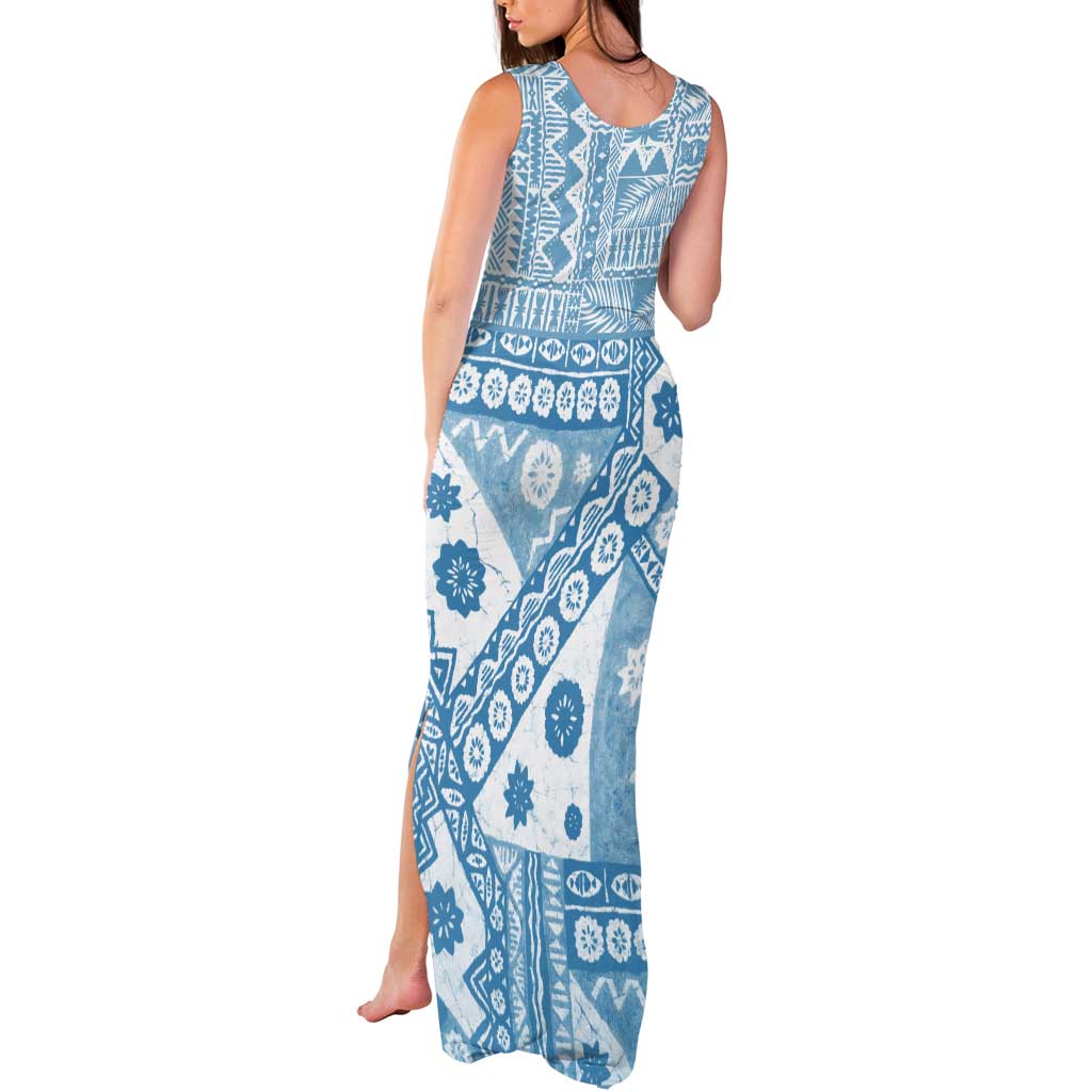Blue Bula Fiji Tank Maxi Dress Unique Masi Tapa Pattern