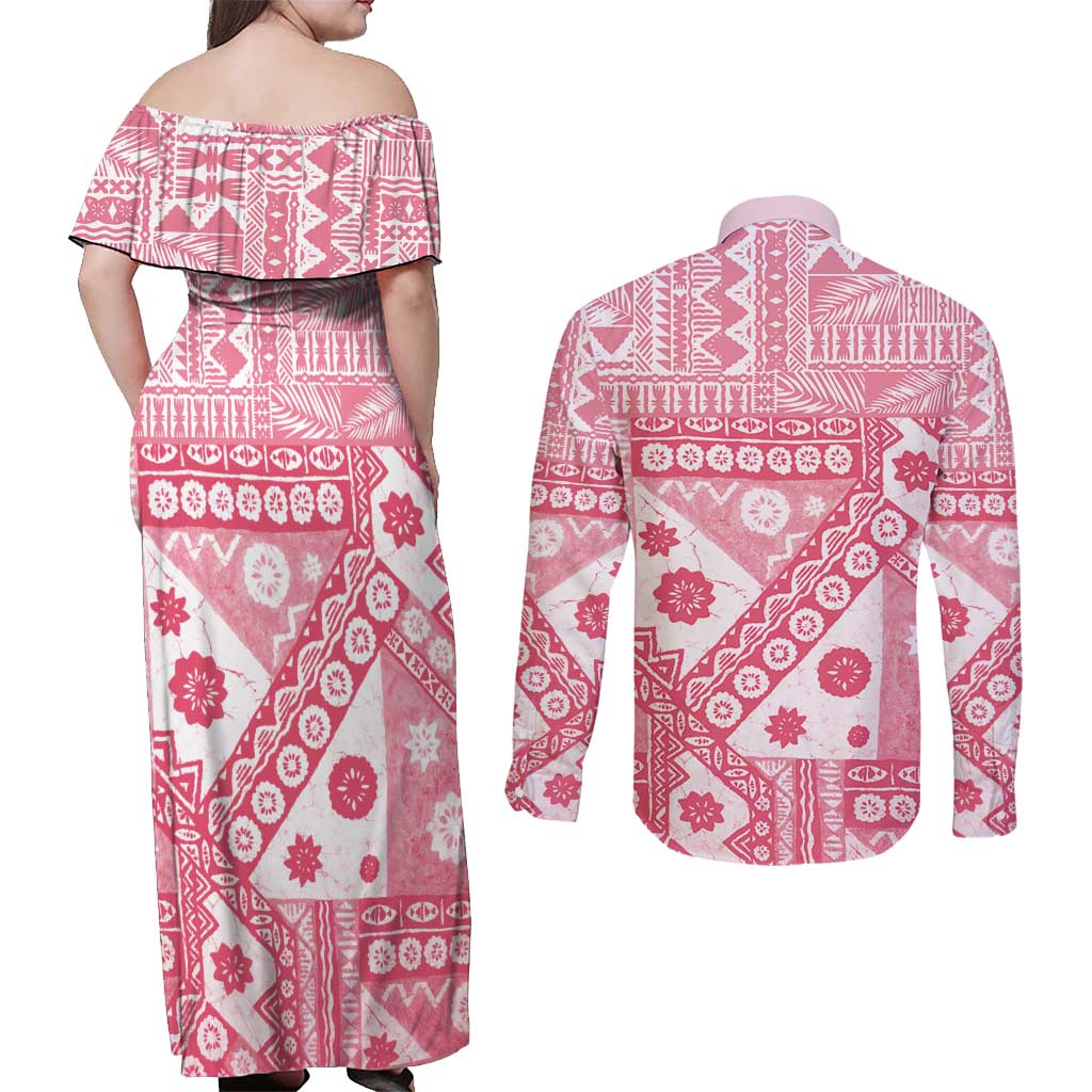 Pink Bula Fiji Couples Matching Off Shoulder Maxi Dress and Long Sleeve Button Shirt Unique Masi Tapa Pattern