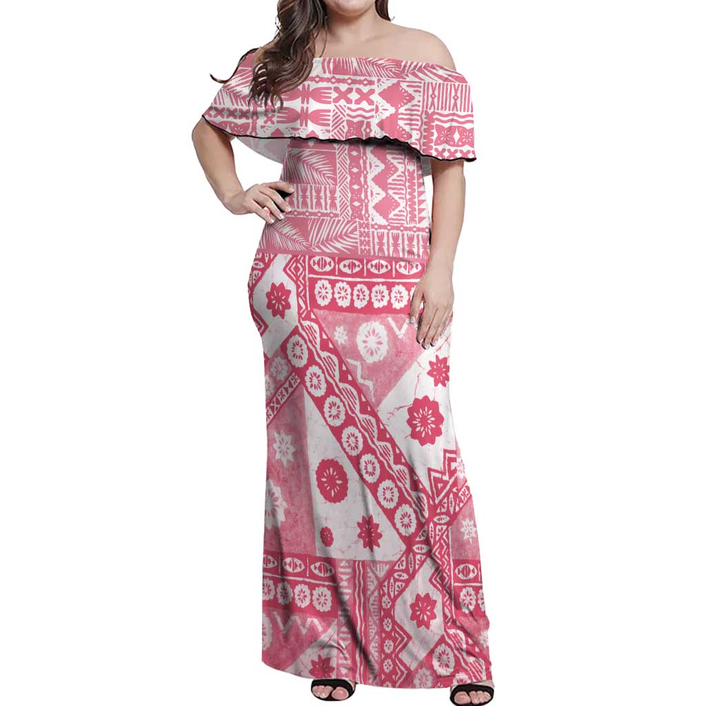 Pink Bula Fiji Off Shoulder Maxi Dress Unique Masi Tapa Pattern