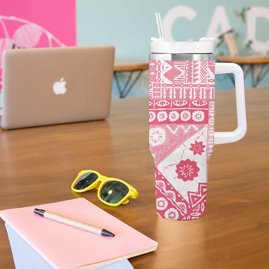 Pink Bula Fiji Tumbler With Handle Unique Masi Tapa Pattern