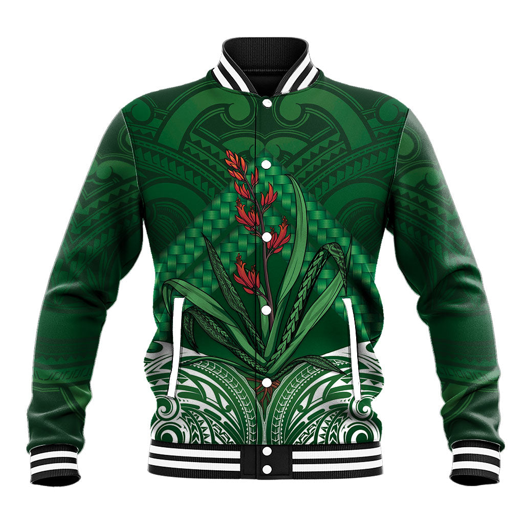Rongoa Maori New Zealand Harakeke Baseball Jacket NZ Weaving Pattern Green LT14 Unisex Green - Polynesian Pride
