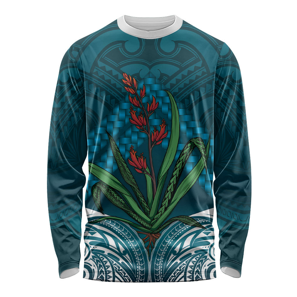 Rongoa Maori New Zealand Harakeke Long Sleeve Shirt NZ Weaving Pattern Dark Teal LT14 Unisex Dark Teal - Polynesian Pride