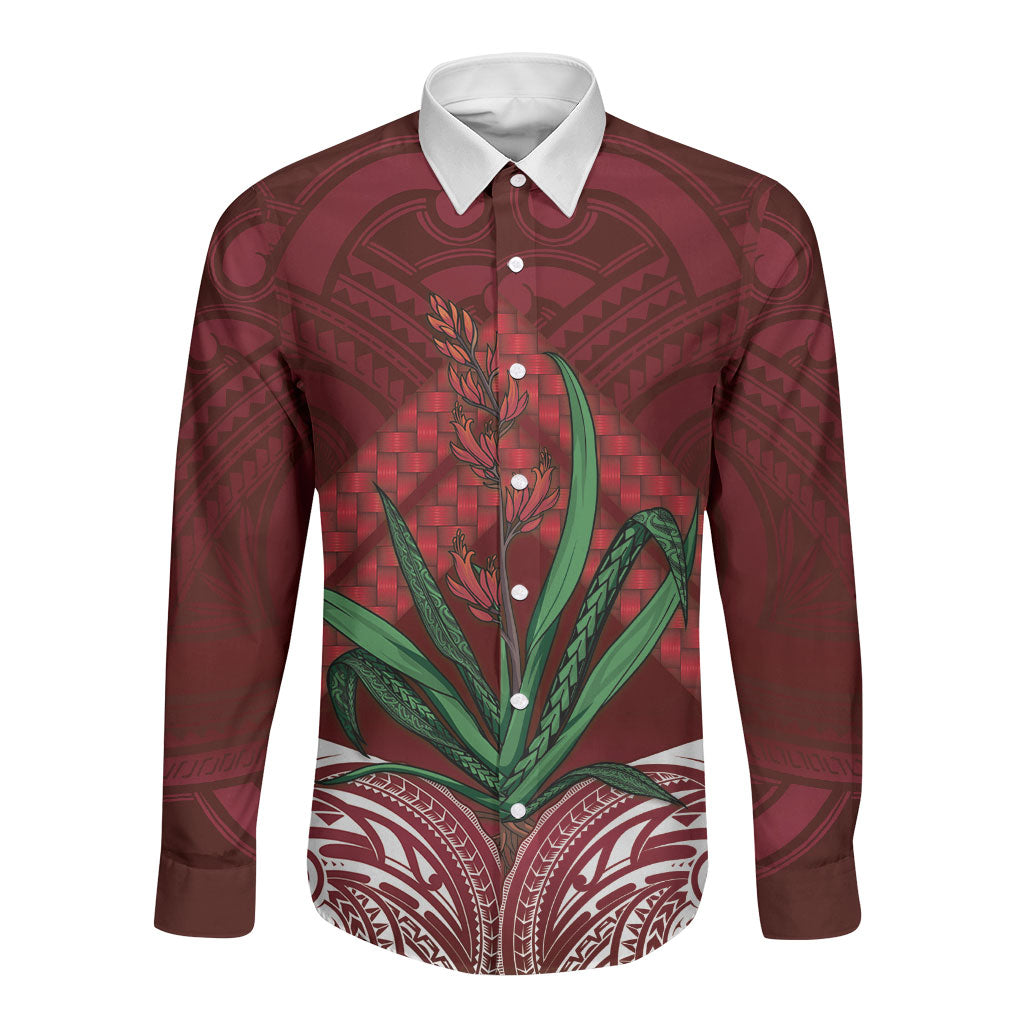 Rongoa Maori New Zealand Harakeke Long Sleeve Button Shirt NZ Weaving Pattern Red LT14 Unisex Red - Polynesian Pride