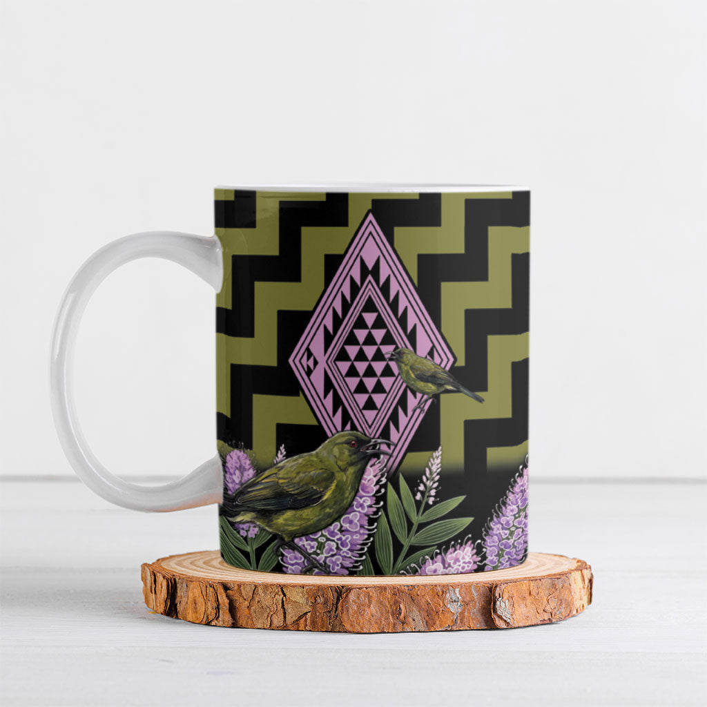 Rongoa Maori New Zealand Koromiko Ceramic Mug NZ Hebe Korimako Bellbird Poutama LT14 Green - Polynesian Pride