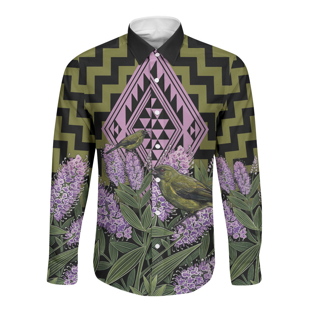 Rongoa Maori New Zealand Koromiko Long Sleeve Button Shirt NZ Hebe Korimako Bellbird Poutama LT14 Unisex Green - Polynesian Pride