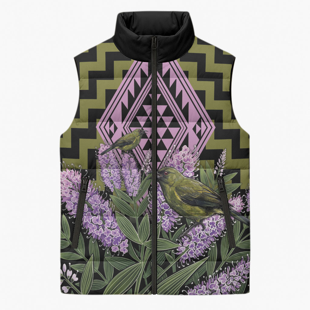 Rongoa Maori New Zealand Koromiko Sleeveless Puffer Jacket NZ Hebe Korimako Bellbird Poutama LT14 Unisex Green - Polynesian Pride