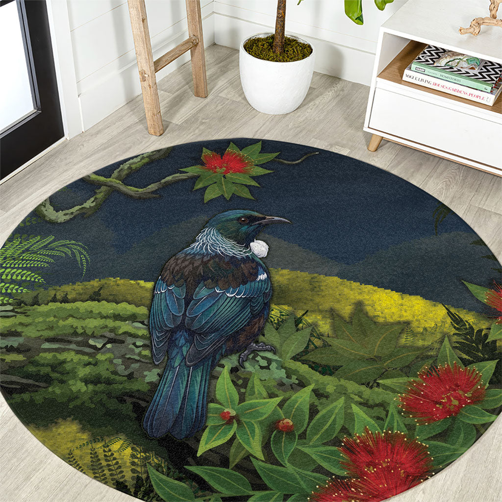 Rongoa Maori New Zealand Rata Round Carpet NZ Tui Bird Forest Vibes LT14 Green - Polynesian Pride