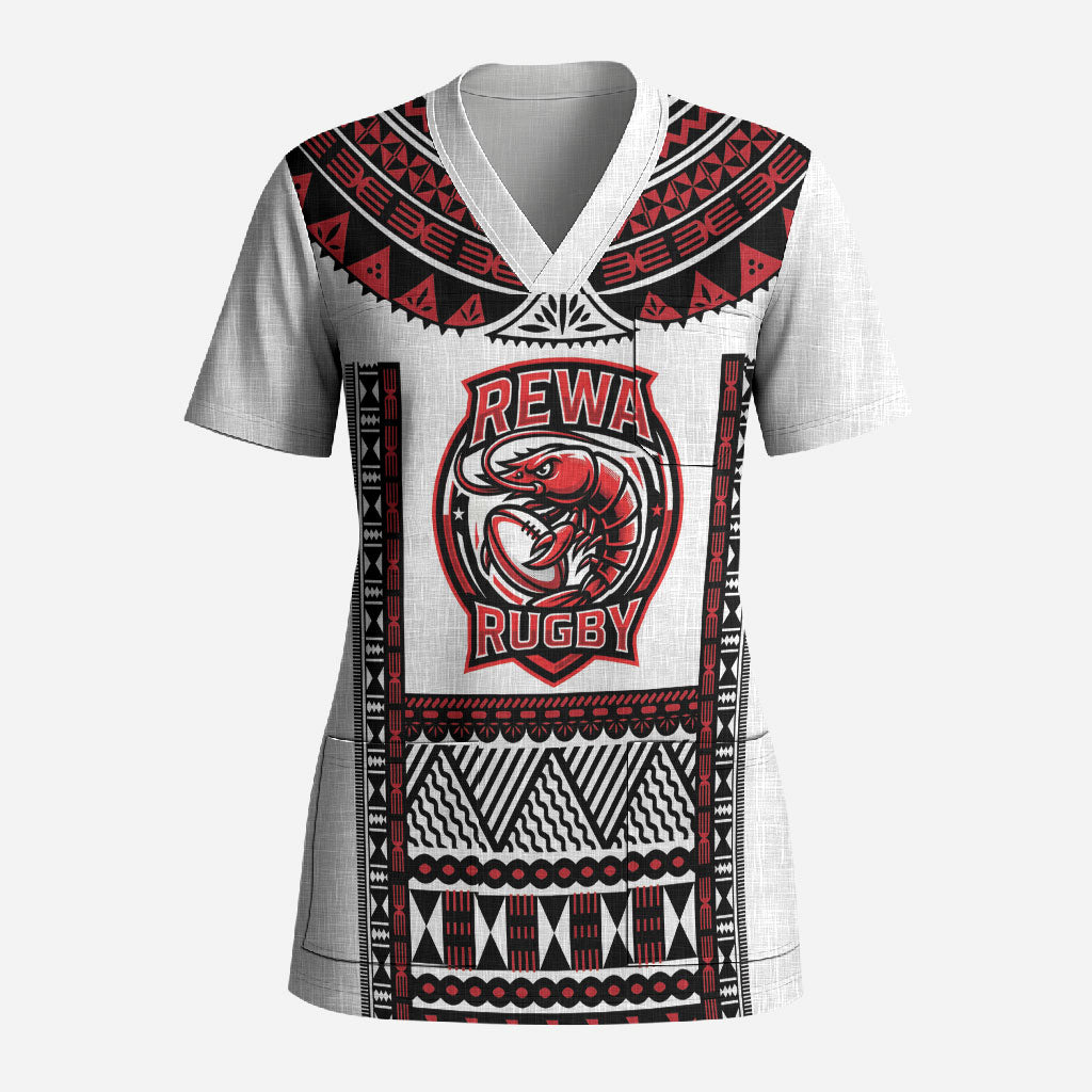 Fiji Rewa Rugby Custom Scrub Top Go Champions Fijian Tapa Pattern LT14 Adult White - Polynesian Pride