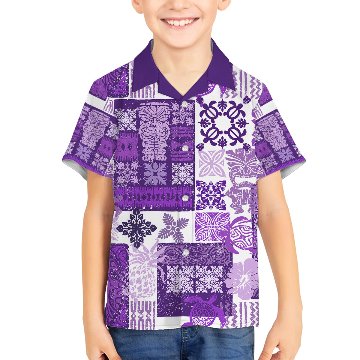 Hawaiian Quilt Family Matching Puletasi Dress and Hawaiian Shirt Tiki Tropical Retro Purple Version LT14 Son's Shirt Purple - Polynesian Pride