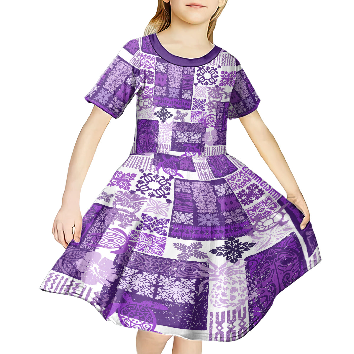 Hawaiian Quilt Kid Short Sleeve Dress Tiki Tropical Retro Purple Version LT14 - Polynesian Pride