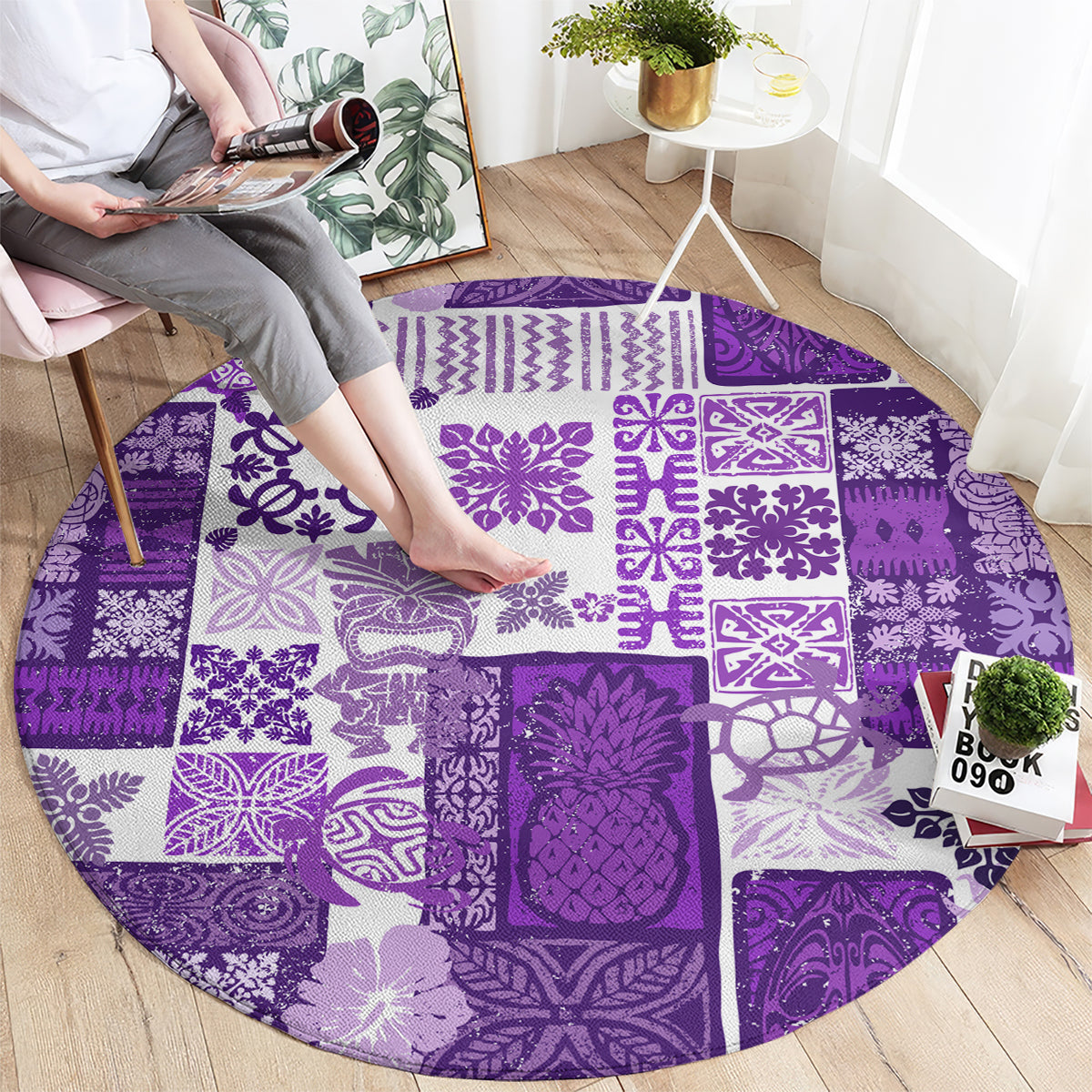 Hawaiian Quilt Round Carpet Tiki Tropical Retro Purple Version LT14 - Polynesian Pride