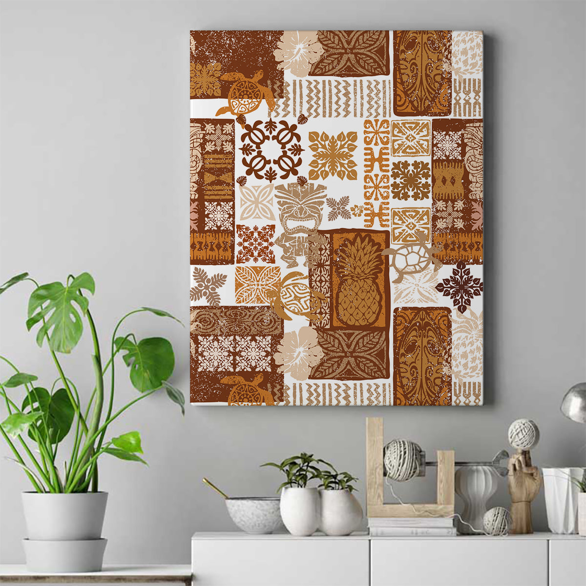 Hawaiian Quilt Canvas Wall Art Tiki Tropical Retro Brown Version LT14 Brown - Polynesian Pride