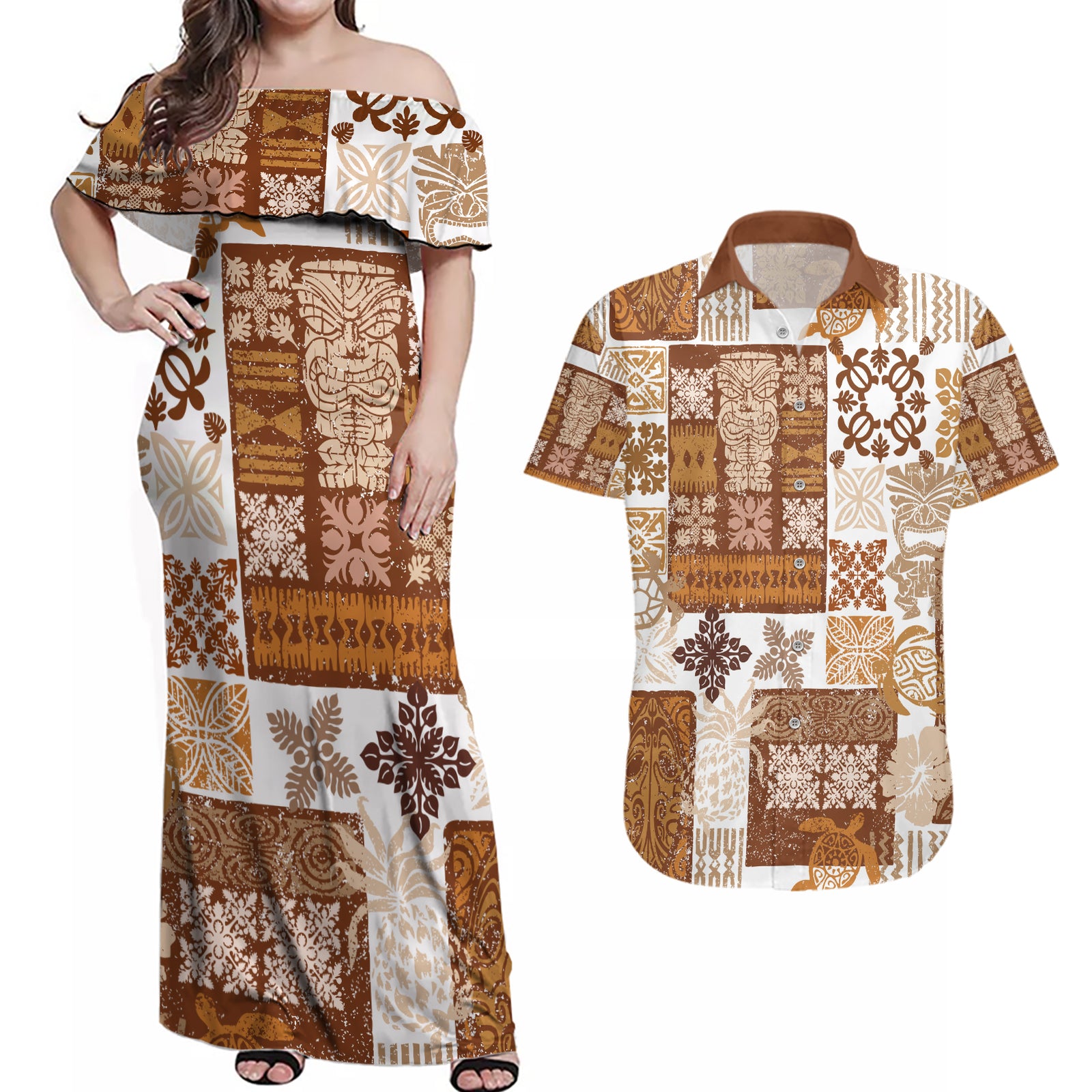 Hawaiian Quilt Couples Matching Off Shoulder Maxi Dress and Hawaiian Shirt Tiki Tropical Retro Brown Version LT14 Brown - Polynesian Pride