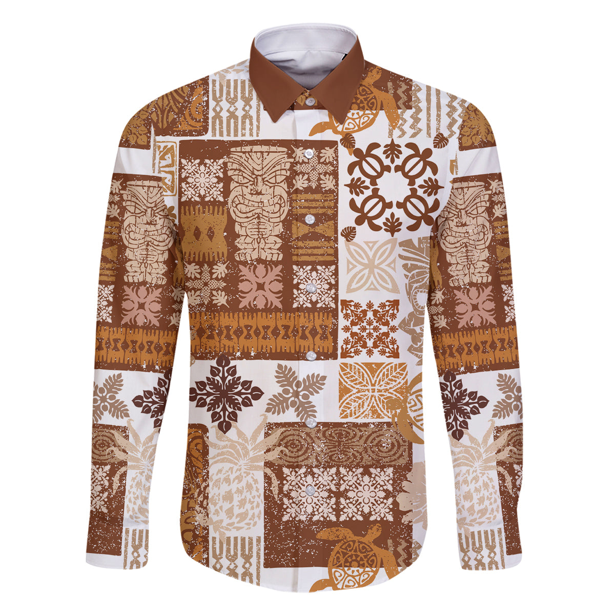 Hawaiian Quilt Family Matching Off Shoulder Long Sleeve Dress and Hawaiian Shirt Tiki Tropical Retro Brown Version LT14 Dad's Shirt - Long Sleeve Brown - Polynesian Pride