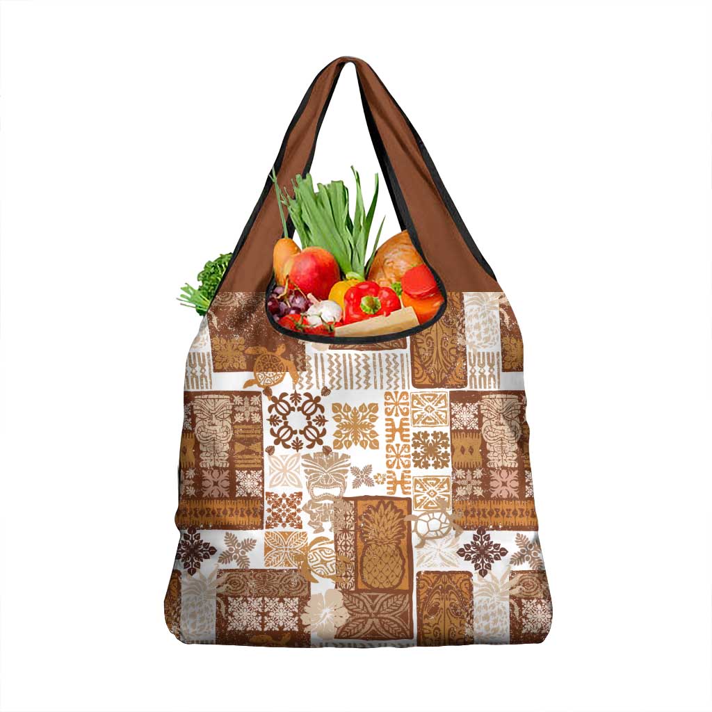 Hawaiian Quilt Grocery Bag Tiki Tropical Retro Brown Version