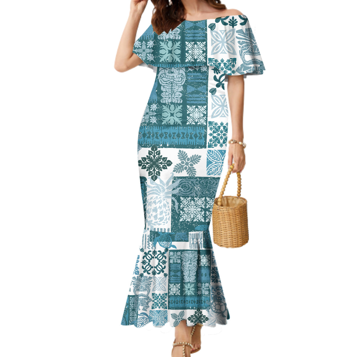 Hawaiian Quilt Family Matching Mermaid Dress and Hawaiian Shirt Tiki Tropical Retro Dark Cyan Version LT14 Mom's Dress Dark Cyan - Polynesian Pride