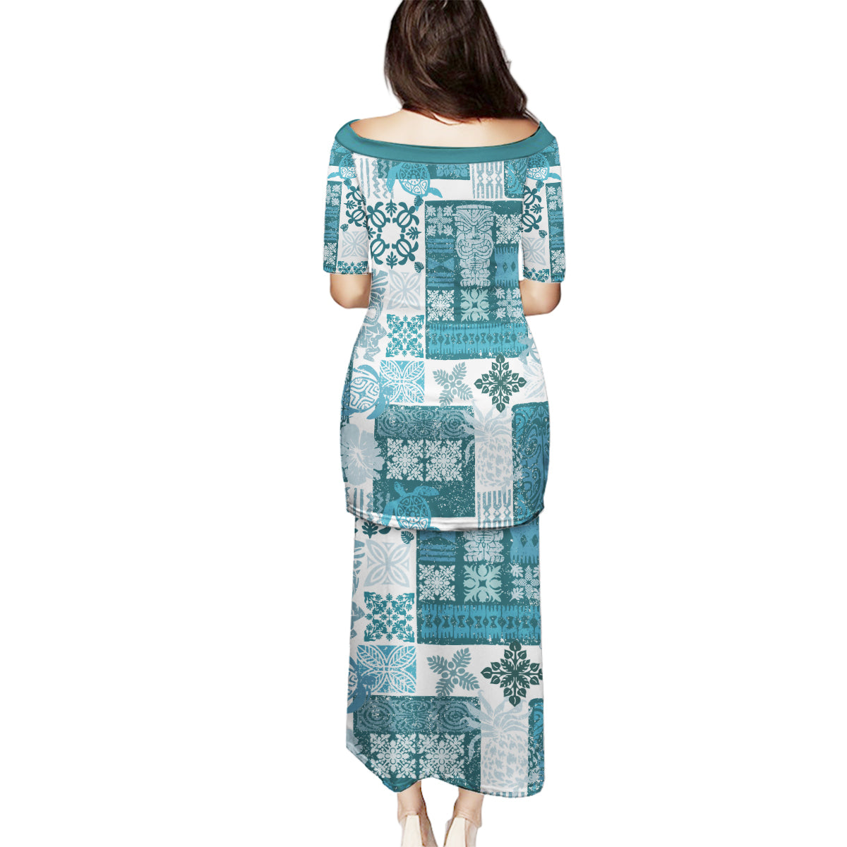 Hawaiian Quilt Family Matching Puletasi Dress and Hawaiian Shirt Tiki Tropical Retro Dark Cyan Version LT14 - Polynesian Pride
