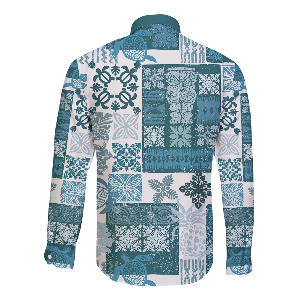 Hawaiian Quilt Long Sleeve Button Shirt Tiki Tropical Retro Dark Cyan Version LT14 - Polynesian Pride