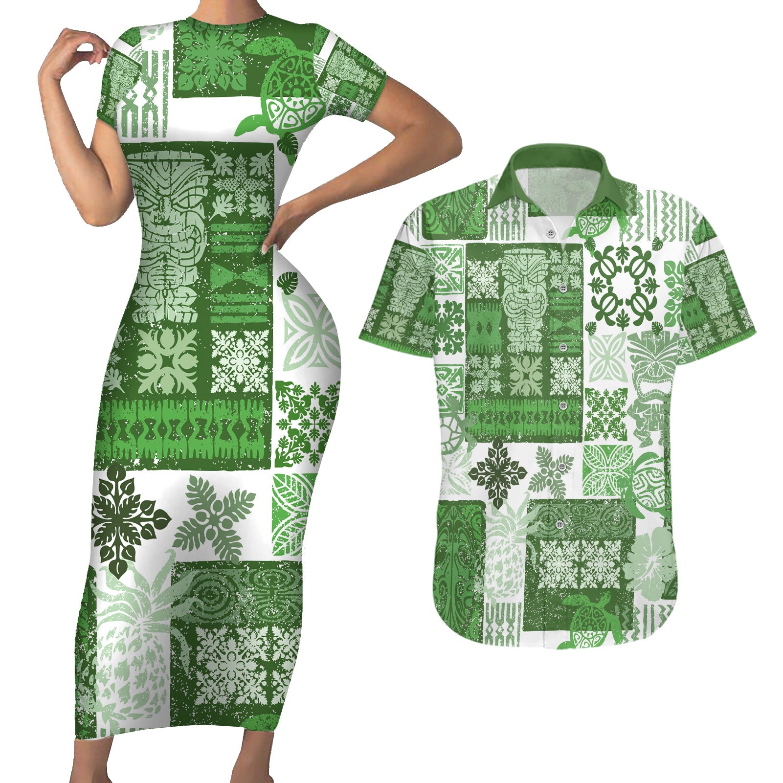 Hawaiian Quilt Couples Matching Short Sleeve Bodycon Dress and Hawaiian Shirt Tiki Tropical Retro Green Version LT14 Green - Polynesian Pride