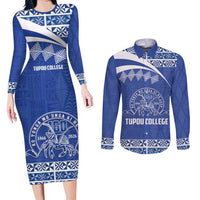 Personalised Tonga Tupou College Toloa Couples Matching Long Sleeve Bodycon Dress and Long Sleeve Button Shirt 160 Years Anniversary Tongan Ngatu Pattern LT14 Blue - Polynesian Pride