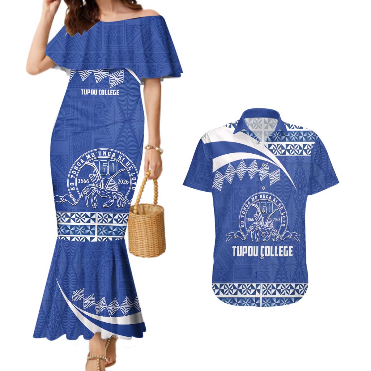 Personalised Tonga Tupou College Toloa Couples Matching Mermaid Dress and Hawaiian Shirt 160 Years Anniversary Tongan Ngatu Pattern