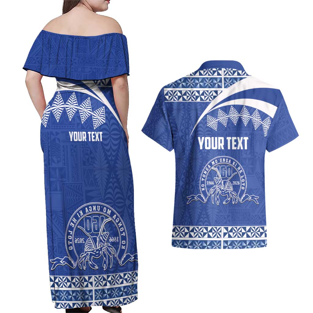 Personalised Tonga Tupou College Toloa Couples Matching Off Shoulder Maxi Dress and Hawaiian Shirt 160 Years Anniversary Tongan Ngatu Pattern LT14 - Polynesian Pride