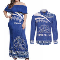 Personalised Tonga Tupou College Toloa Couples Matching Off Shoulder Maxi Dress and Long Sleeve Button Shirt 160 Years Anniversary Tongan Ngatu Pattern LT14 Blue - Polynesian Pride