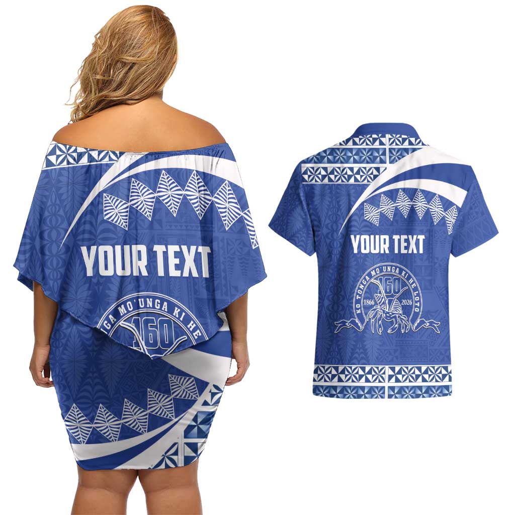 Personalised Tonga Tupou College Toloa Couples Matching Off Shoulder Short Dress and Hawaiian Shirt 160 Years Anniversary Tongan Ngatu Pattern LT14 - Polynesian Pride