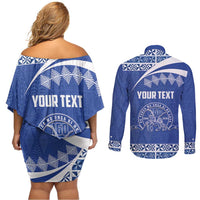 Personalised Tonga Tupou College Toloa Couples Matching Off Shoulder Short Dress and Long Sleeve Button Shirt 160 Years Anniversary Tongan Ngatu Pattern LT14 - Polynesian Pride