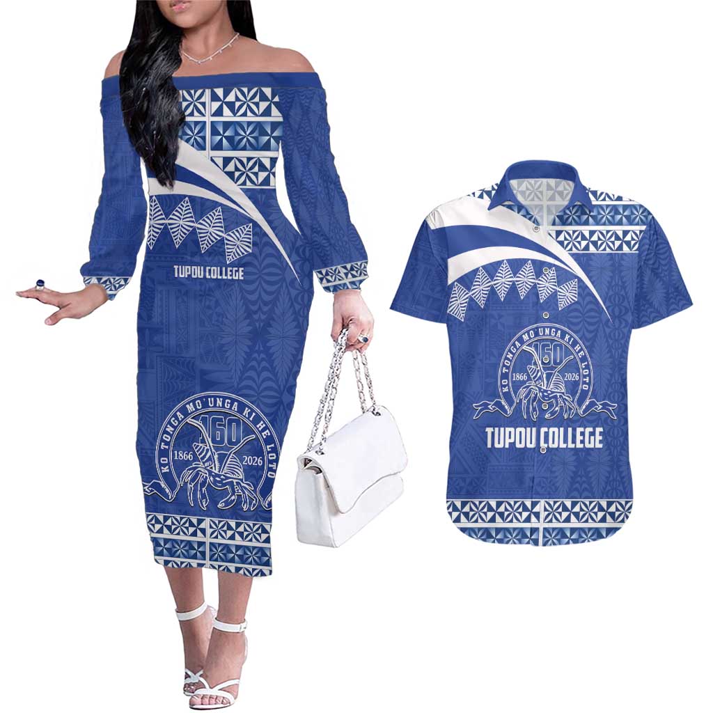 Personalised Tonga Tupou College Toloa Couples Matching Off The Shoulder Long Sleeve Dress and Hawaiian Shirt 160 Years Anniversary Tongan Ngatu Pattern