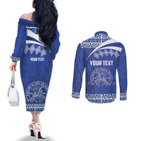 Personalised Tonga Tupou College Toloa Couples Matching Off The Shoulder Long Sleeve Dress and Long Sleeve Button Shirt 160 Years Anniversary Tongan Ngatu Pattern LT14 - Polynesian Pride
